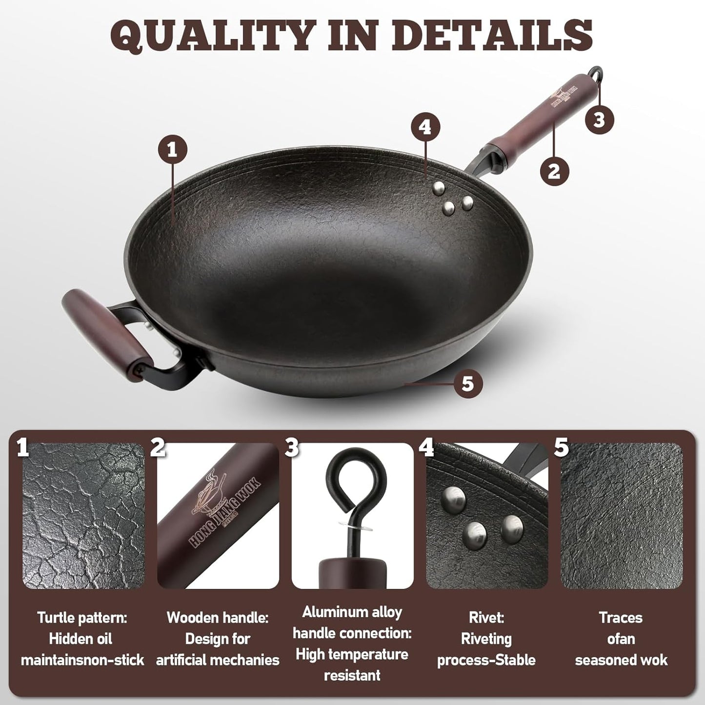 HONGJIANG Cast Iron Wok Pan, 13.4" Pre-Seasoned Flat Bottom Wok,Coating-Free Wok Stir Fry Pan With Glass Lid,Compatible Traditional Chinese Wok For Induction, Electric, Gas,Open Fire