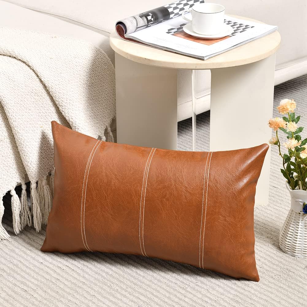 Fancy Homi Brown Boho Long Lumbar Faux Leather Decorative Throw Pillow Covers 12x24 Inch for Living Room Couch Bed Sofa, Hand Stitched Rectangle Cushion Case, Rustic Modern Farmhouse Home Decor