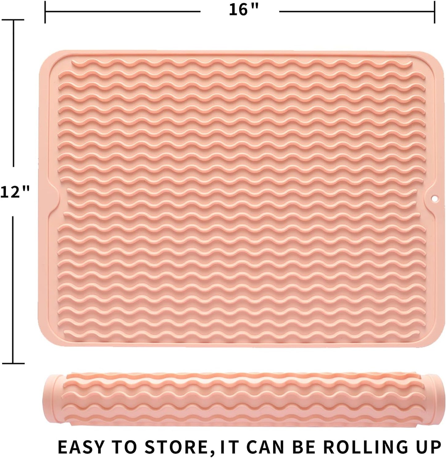 Silicone Dish Drying Mat for Multiple Usage,Easy clean,Eco-friendly,Heat-resistant Silicone Mat for Kitchen Counter or Sink,Refrigerator or drawer liner Pink L 16 inches x 12 inches
