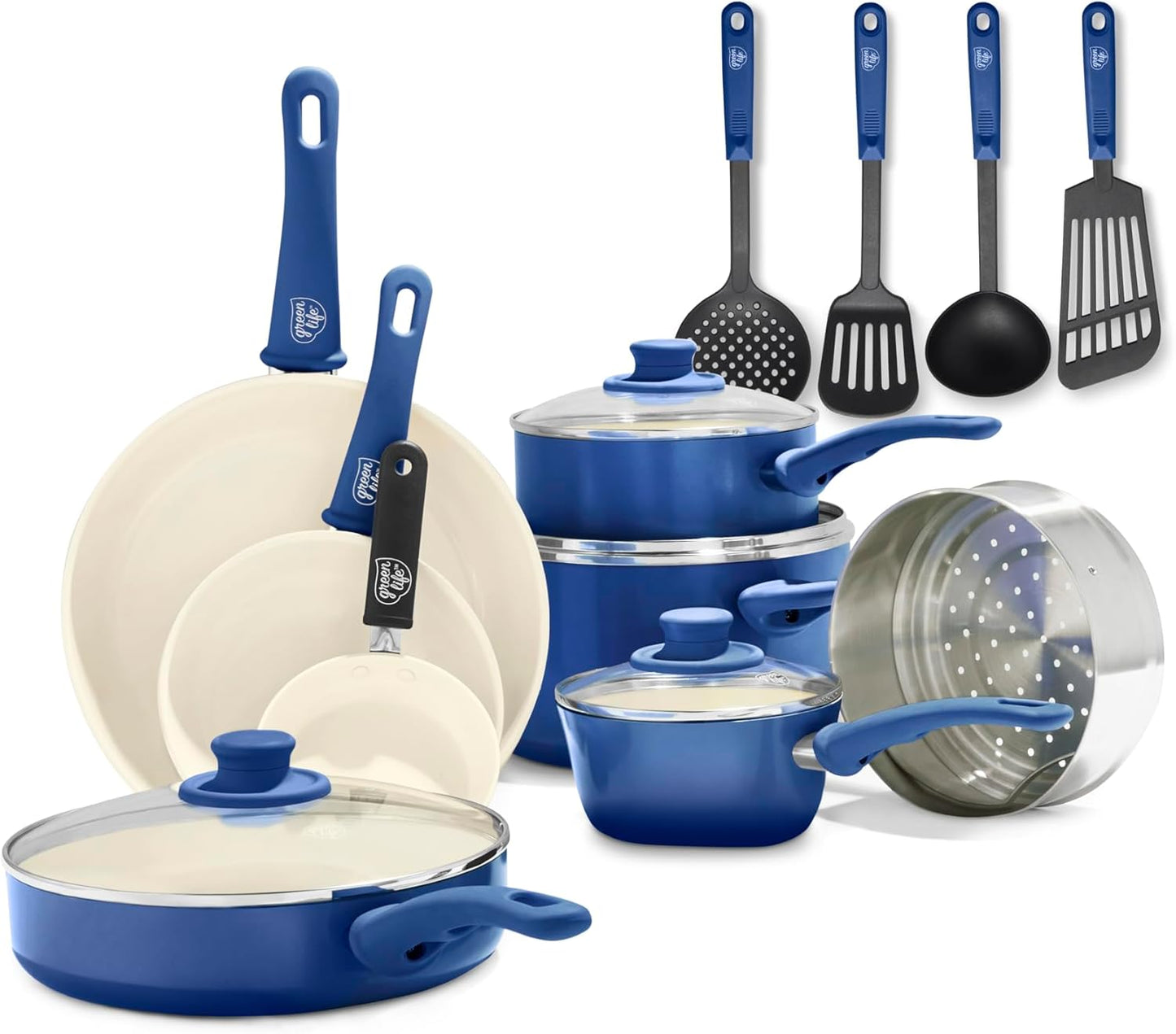 GreenLife 16 Piece Nonstick Cookware Set, Soft Grip Non-Toxic PFAS-Free Ceramic Pots & Pans, Dishwasher & Oven Safe, Frying, Sauce, Saute, Utensils, Glass Lids, Stay-Cool Handles, Wobble Free, Blue