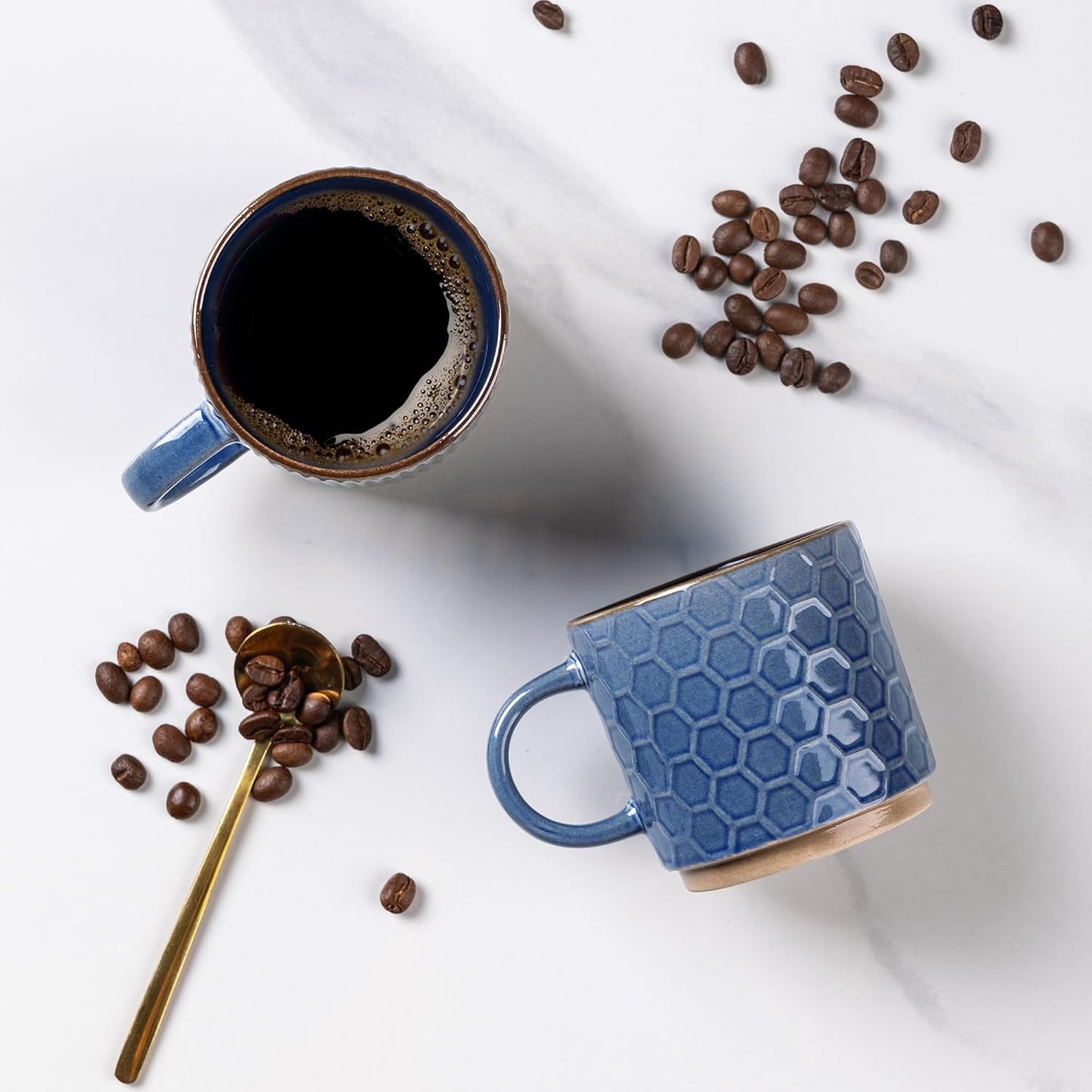 GBHOME 6 OZ Stackable Coffee Mugs, Ceramic Coffee Mugs with Texture Patterns for Man,Woman,Dad,Mom, Modern Coffee Cups Set of 4 for Espresso/Cappuccino/Cocoa. Dishwasher&Microwave Safe, Moonlight Blue
