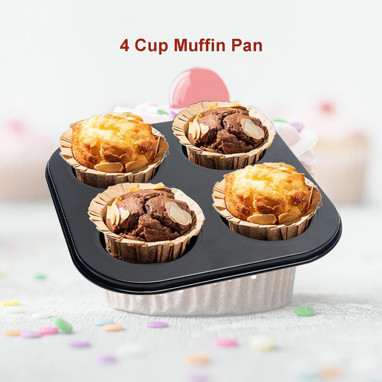 4 Cup Muffin Pan, Bakeware Non-stick Cupcake Baking Pan Mini Pie Pans, Air Fryer Small Oven Cupcake Baking Pan Non Stick No Toxic Bakeware, Heavy Duty Carbon Steel Muffin Tray for Oven Baking (2PCS)
