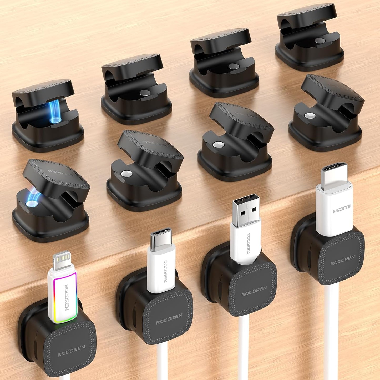 12 Pack Cable Management Cord Organizer,Magnetic Cable Clips-1s Lock,Rocoren Desk Adhesive Cord Cable Clip Wire Holder Keeper for Phone Charger Wire,Nightstand,Car,Office,Desktop Accessory,Black