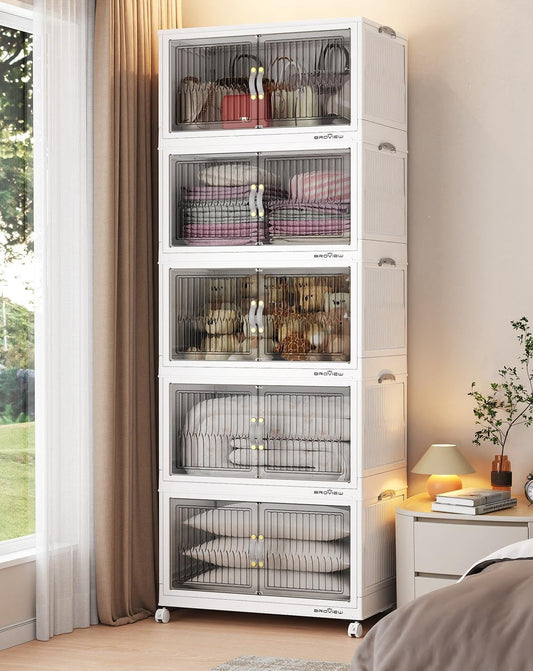 400Qt Stackable Storage Bins with Lid, Extra Large Closet Organizer Collapsible Drawer Boxes with Wheels, Folding Plastic Cabinet Containers for Home Kitchen Room Organization, 5Pack White