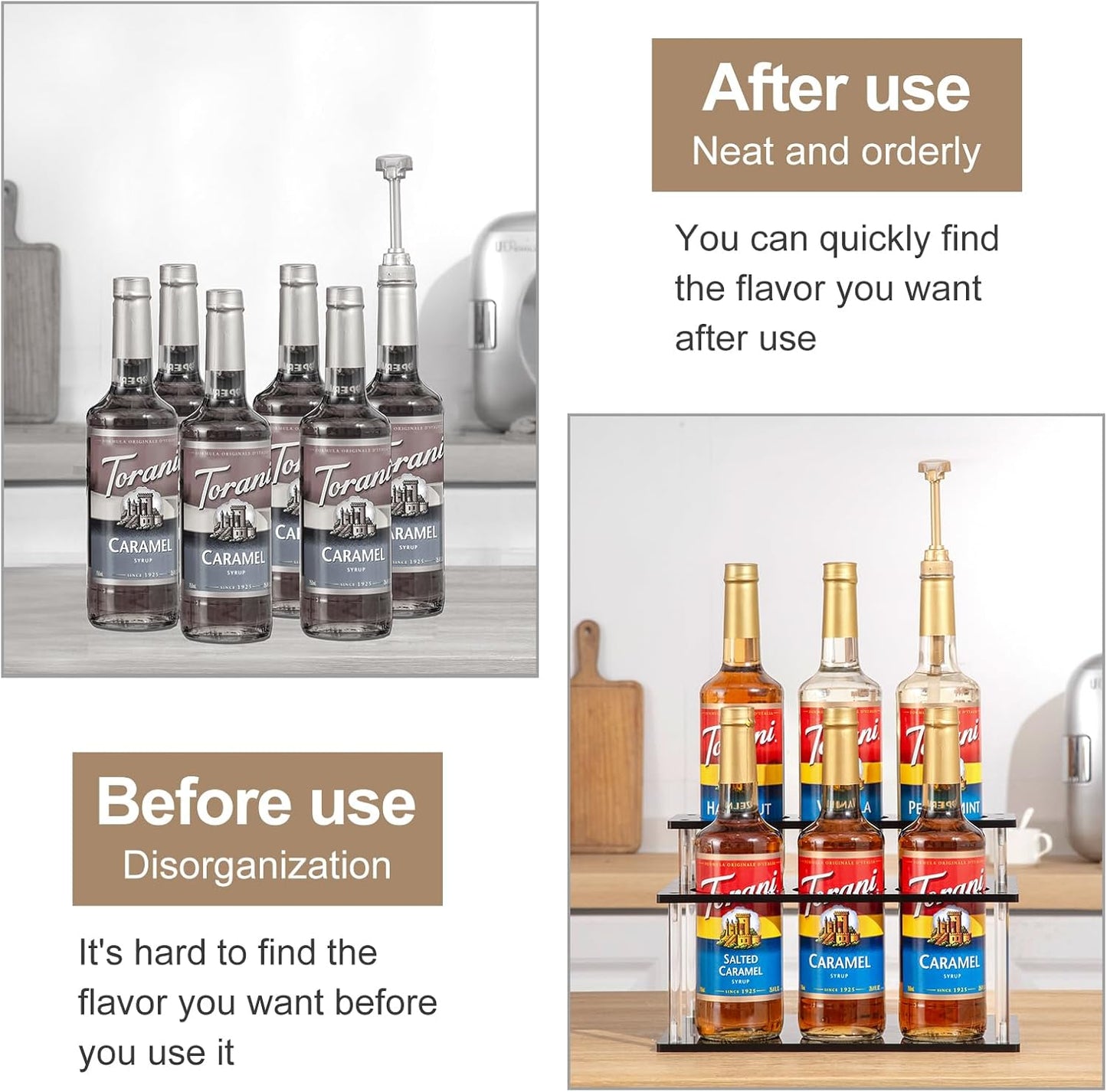 Acrylic Coffee Syrup Organizer, 2 Tier Coffee Syrup Rack (6 Bottle Capacity), Syrup Bottle Holder Stand for Coffee Bar, Kitchen Countertop Syrups, Condiments and Wine (Black)