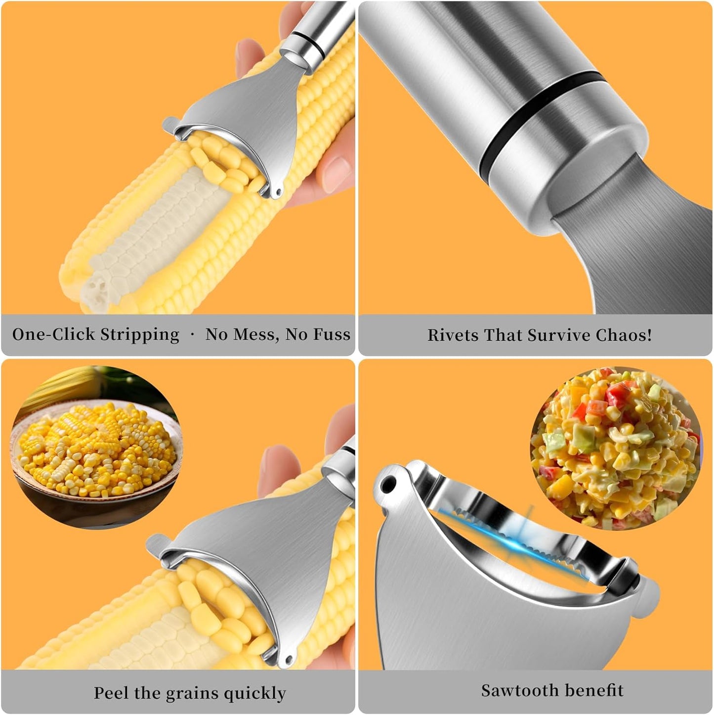 3Pcs Corn Peeler and Stripper Tool - Long Handle Stainless Steel Corn Kernel Remover & Cob Scraper - Efficient Corn Thresher Cutter for Kitchen, Restaurants, Picnics - Safe & Durable