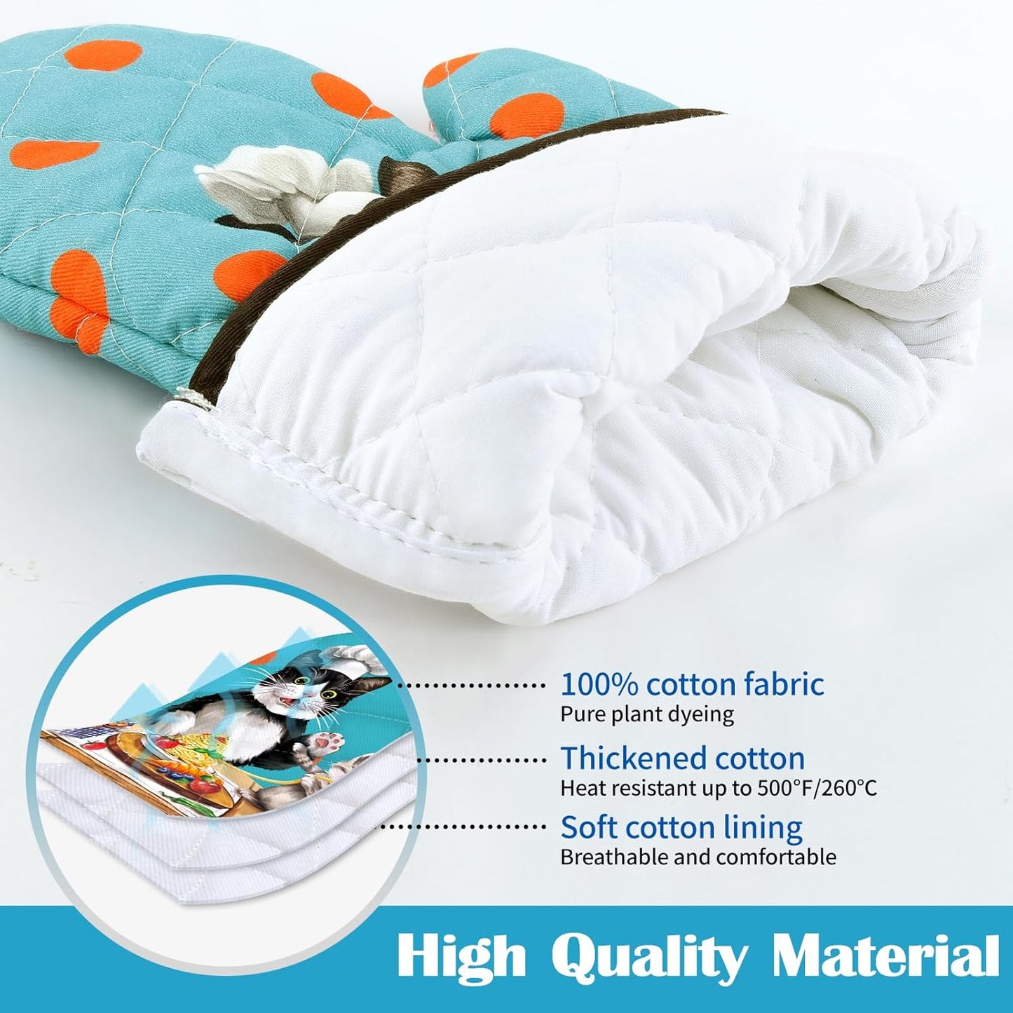 Cute Cat Oven Mitts and Pot Holders Sets 4Pcs, 100% Cotton Heat Resistant, Extra Long Oven Gloves Potholder for Kitchen Cooking Baking Decoration