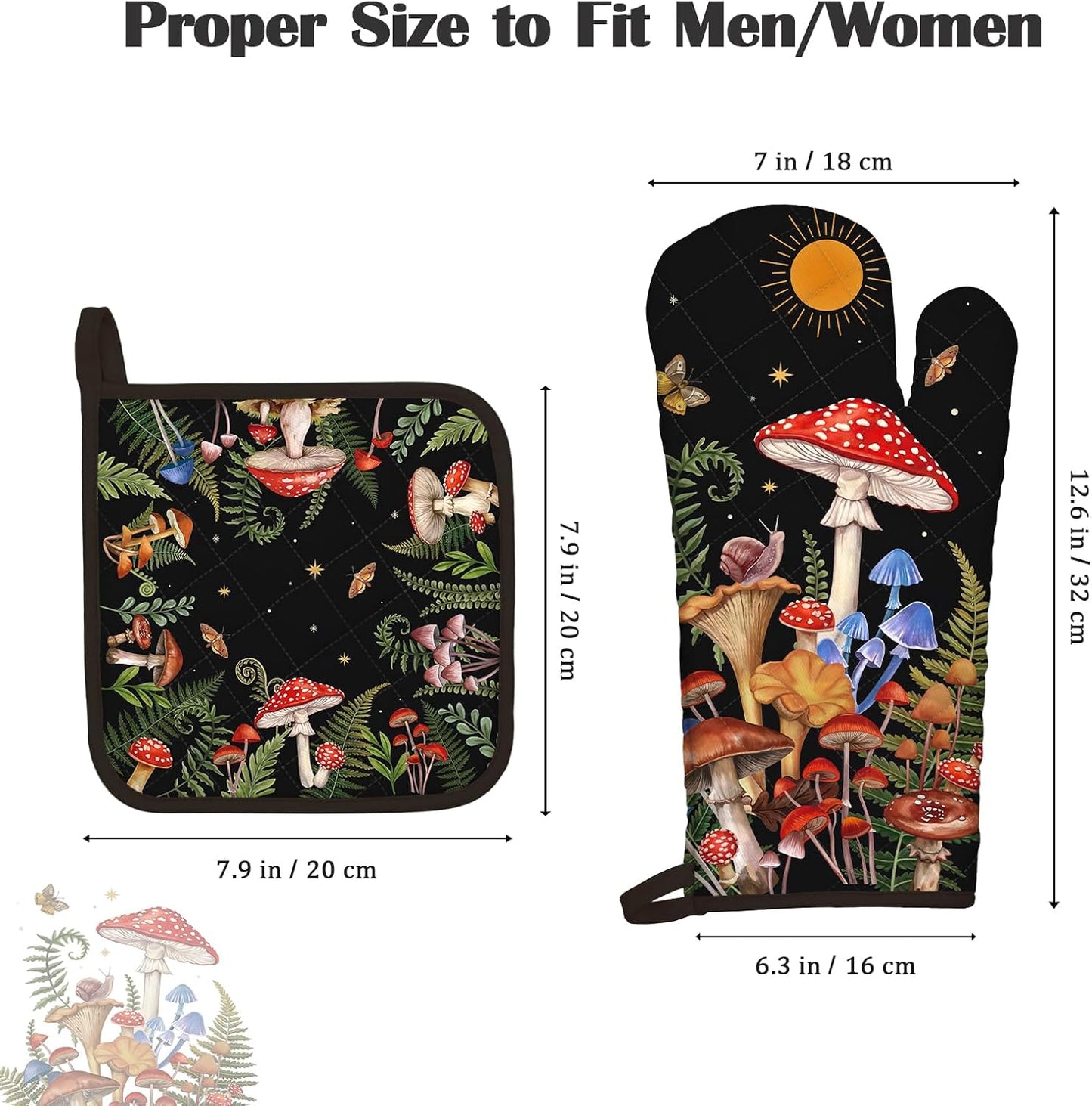 Mushroom Grass Oven Mitts and Pot Holders Sets 4Pcs, 100% Cotton Heat Resistant, Extra Long Oven Gloves Potholder for Kitchen Cooking Baking Decoration