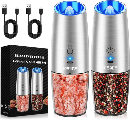 Rechargeable Electric Pepper and Salt Grinder Set, No Battery Needed, whit Gravity Sensing Switch and LED Light, One Hand Automatic Operation, Sliver, 2 Pack