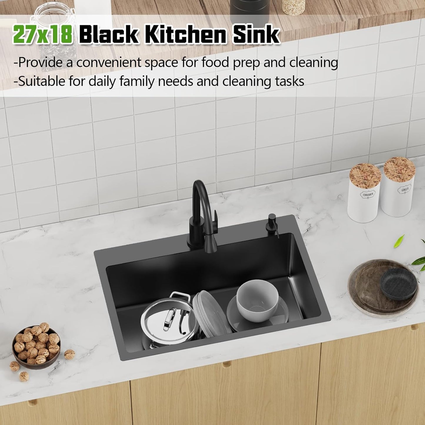Black 27x18 Inch Kitchen And Bar Sink-Stainless Steel Drop In Kitchen Sink Modern Single Bowl Topmount Bar Sink Come With Silicon Mat,Drain Strainer Set Compatibility With Various Kitchen&Bar Style