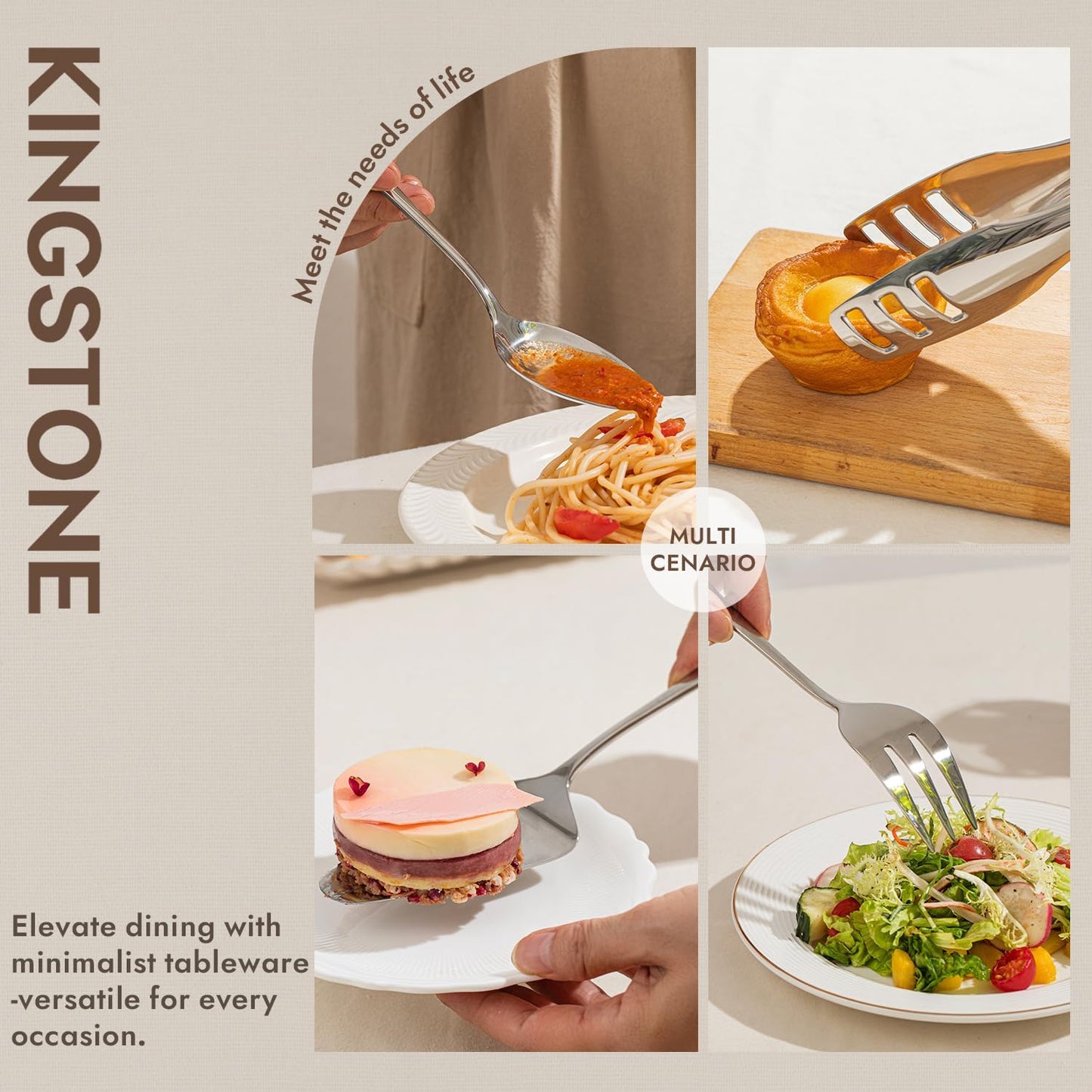 KINGSTONE 8 Piece Serving Utensils Set, 18/10 Stainless Steel Serving Utensils, Slotted Spoon, Serving Spoon, Fork, Tong, Soup Ladle, Cake Server for Buffet, Parties, Kitchen