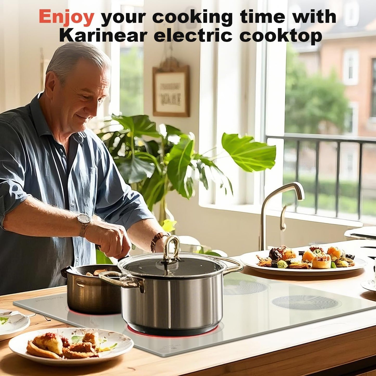 Karinear Electric Cooktop 24 Inch, Beige-gray Glass Electri Cermaic Stove, 4 Burners Electric Stove Top with Timer, Child Safety Lock, High Temperature Alert, 6000W, Drop-in 240V Hardwire(No plug)