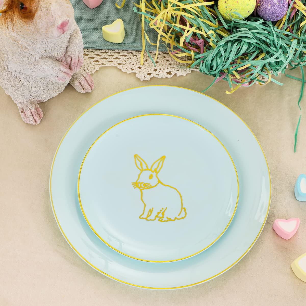 KIRE 60 Pieces Easter plates with Gold Bunny-Mint Green Plastic Plates include 30Pieces 10.25inch Dinner Bunny and 30Pieces 7.5inch Green Dessert/Salad Plates for Easter Day