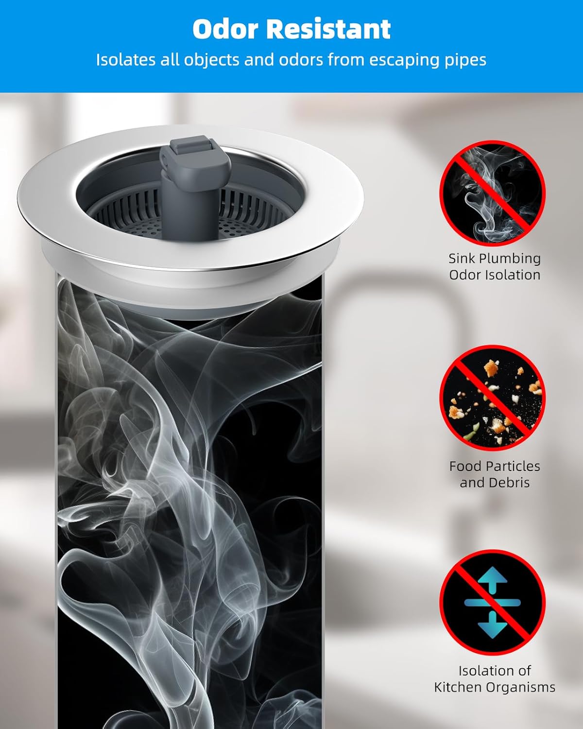 Hibbent 3 in 1 Kitchen Sink Drain Strainer and Stopper Combo, Chrome Stainless Steel Wraped Shell, Anti-Clogging Basket Strainer with Foldable Handle for US Standard 3-1/2" Drain