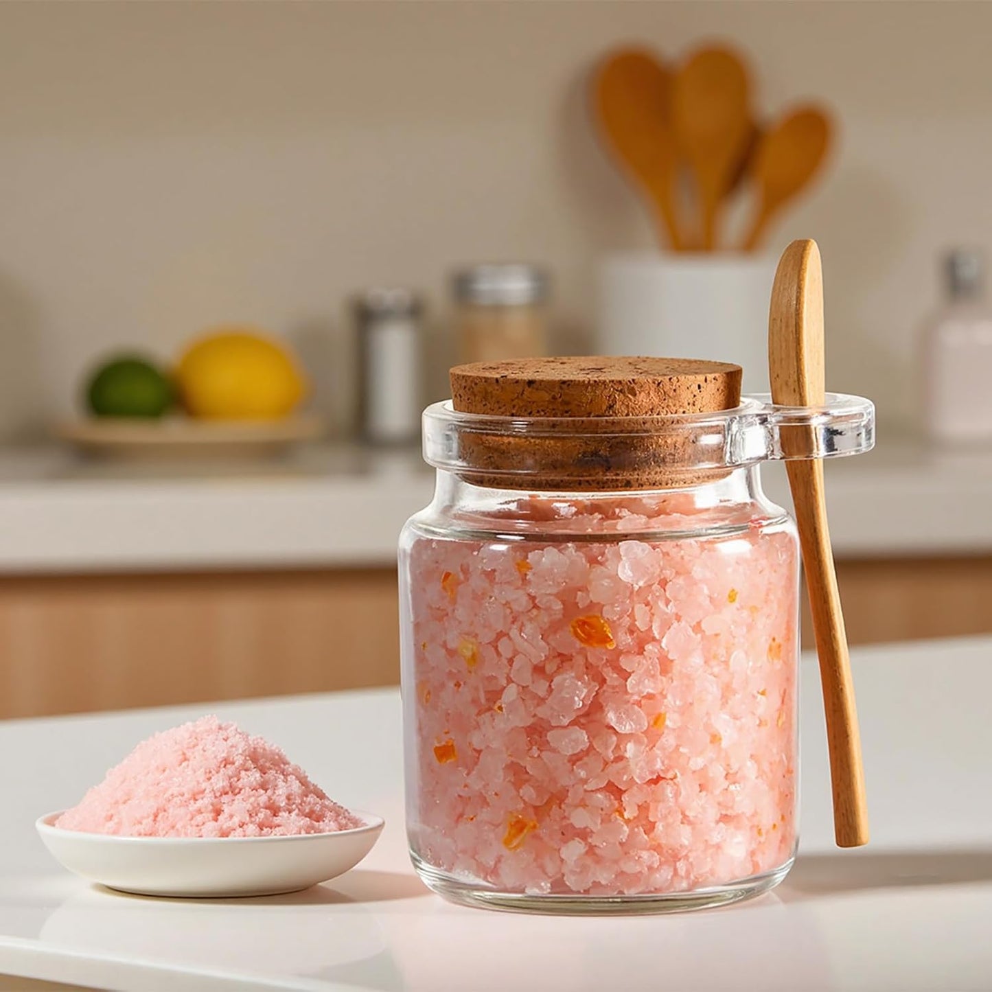 Ahhute Glass Sugar Scrubs Jars, Bath Salt Container, Canning Spice Jar with Bamboo Spoon, Honey Scrubs Body Butter Jars w/Cork, Labels and Cleaning Brush, 8oz 24 Pack