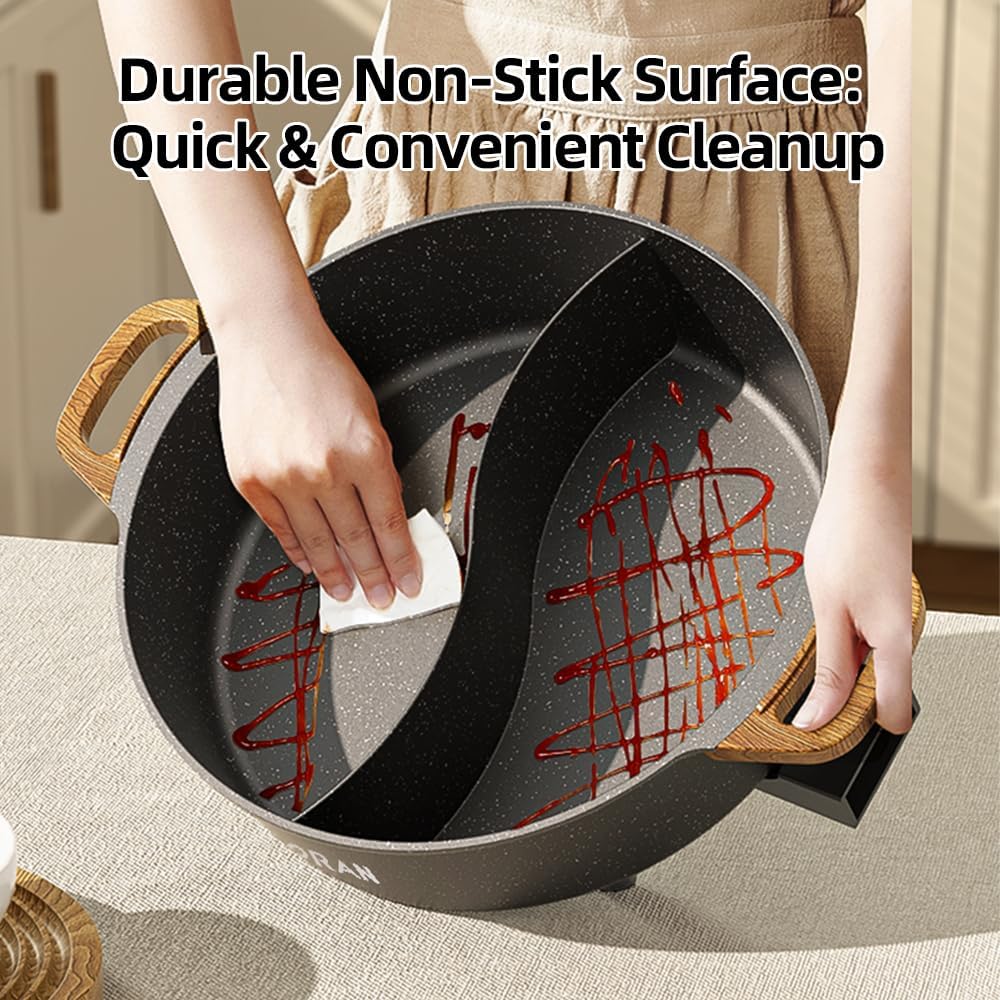 AORAN Electric Hot Pot with Divider, 1350W 8L Nonstick Smokeless Cooker for Shabu Shabu & Fondue, Multi-Function Cookware with Soup Ladle, Strainer, Includes Tongs - Easy to Clean, Black