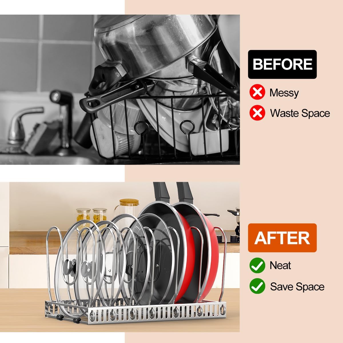 Housolution Pot and Pan Organizer Rack for Cabinet, Pot Lid Organizer with 7 Adjustable Dividers, Pan Holder Storage Rack for Kitchen Cabinet, Silver