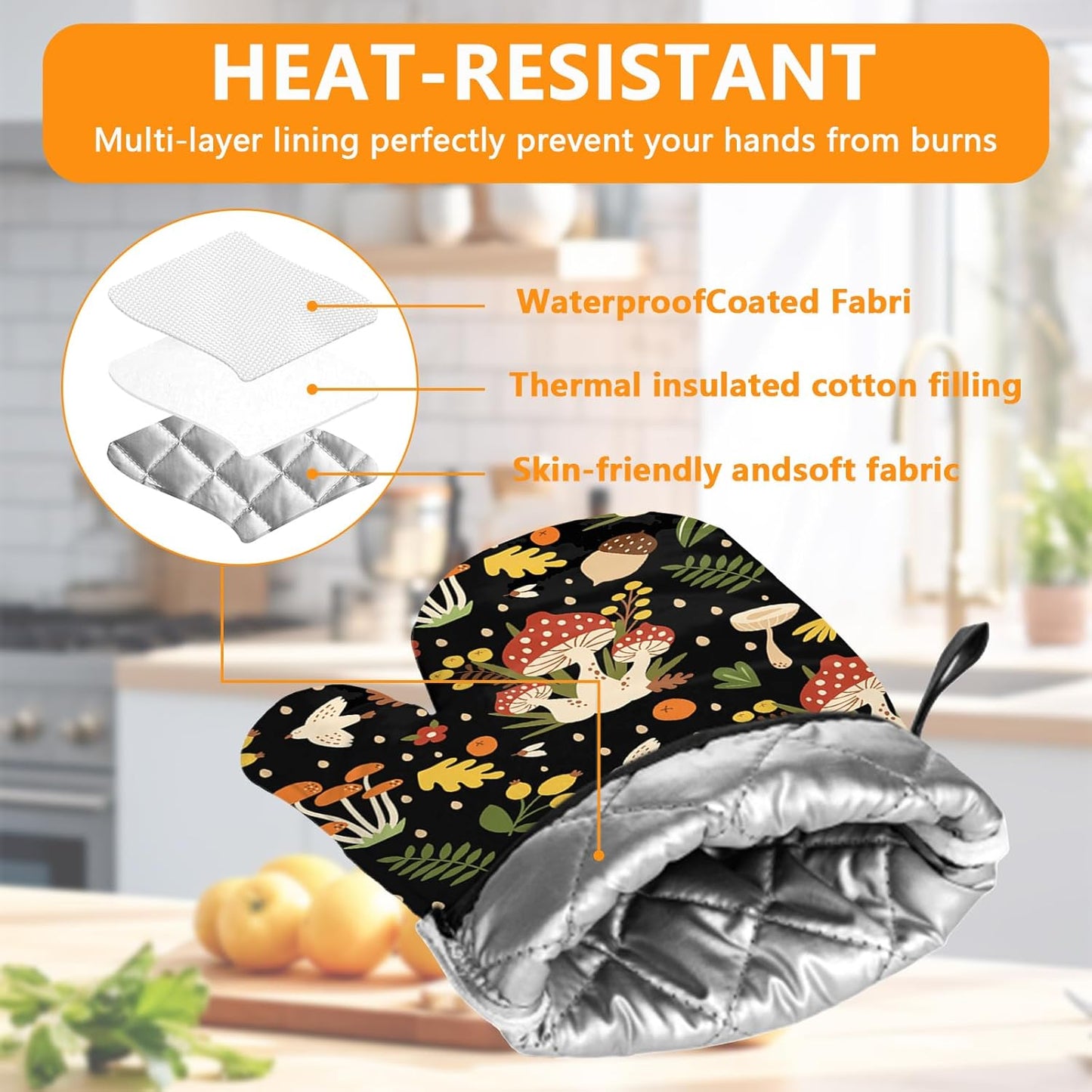 Mushroom Oven Mitts and Pot Holders Sets 4Pcs,Extra Long Oven Gloves Potholder for Kitchen Cooking Baking BBQ 100% Cotton Heat Resistant