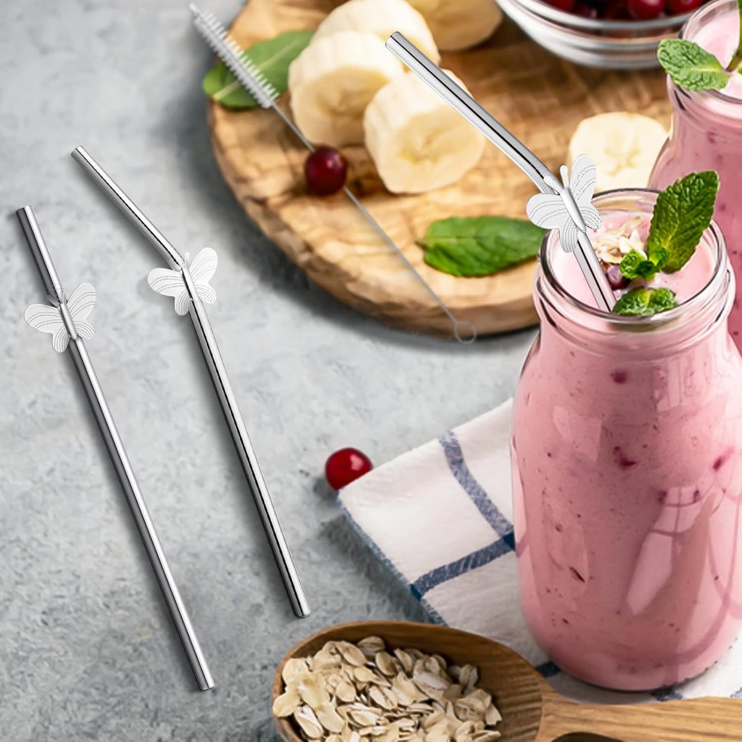 8 Pack 8" Reusable Stainless Steel Metal Straws, 4 Straight + 4 Bent Metal Drinking Straws for Tumblers Beverage Drink with Butterfly Charms and 1 Cleaning Brush