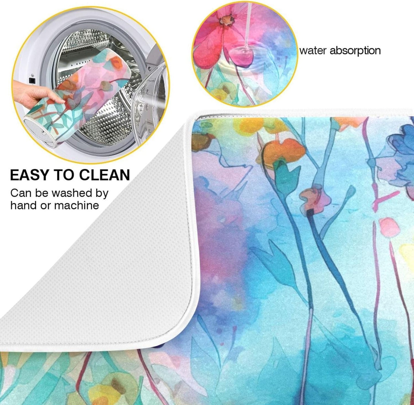 Colorful Beautiful Flowers Dish Drying Mat for Kitchen Counter Absorbent Microfiber Drying Pad, Medium 16x18 in, Reversible Drainer Mats