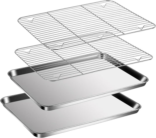 Baking Sheet with Racks Set [2 Sheets + 2 Racks], Stainless Steel Baking Sheets with Cooling Racks, Nonstick Pan, Warp Proof & Rust Proof & Easy to Clean, Size 9.3 X 7 X 1 Inch