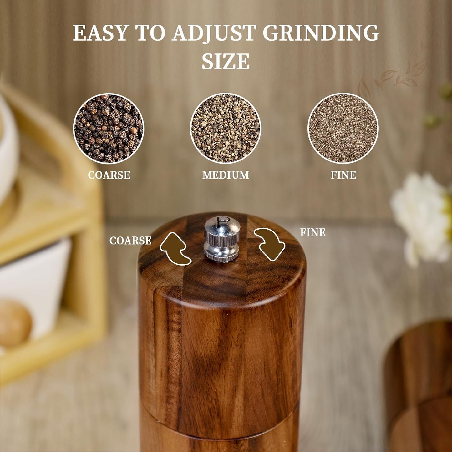 2 Pack Acacia Wooden Salt and Pepper Grinder Set 8 Inches Refillable Salt and Pepper Mills Adjustable Coarseness, Acacia Wood with Ceramic Core Peppercorn Shaker Tableware Birthday Gifts