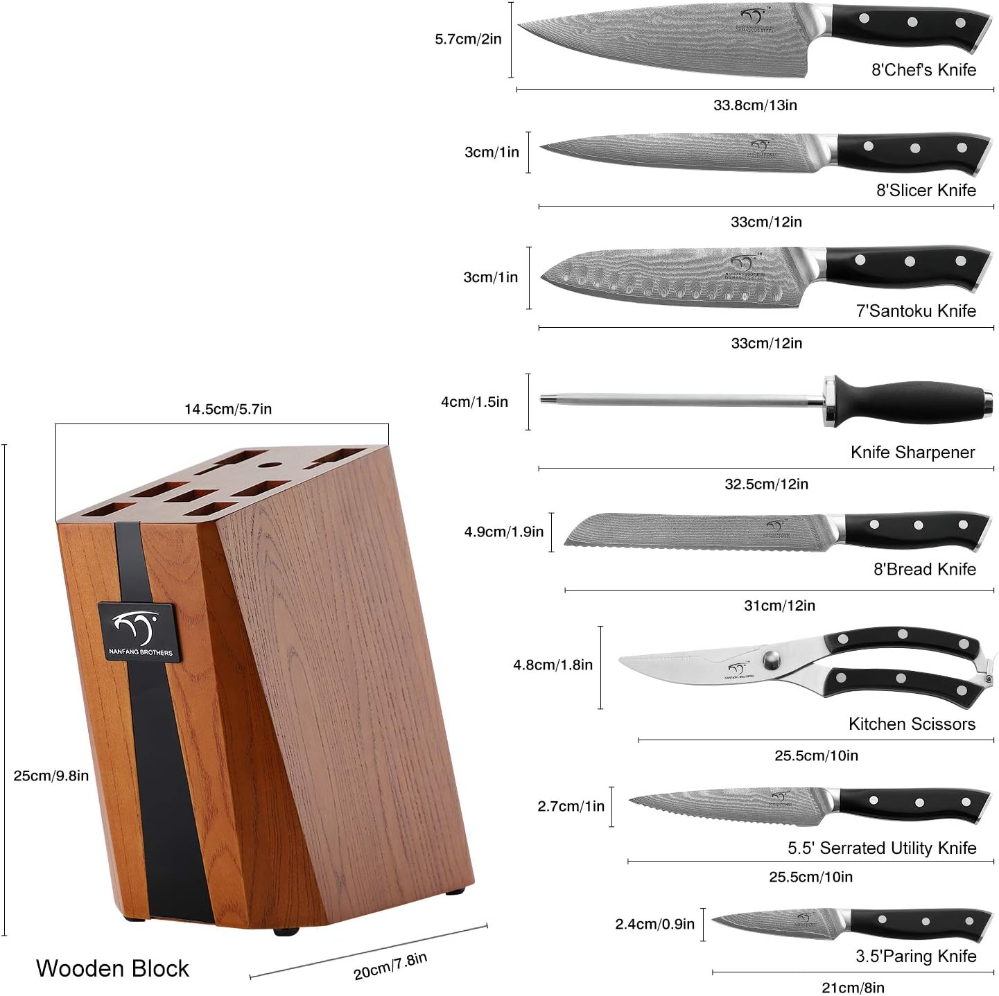 NANFANG BROTHERS Knife Sets for Kitchen with Block, Damasucs Kitchen Knife Sets 9 Pieces with Ergonomic Triple Rivet Handle, Kitchen Knives for Chopping, Slicing, Dicing & Cutting