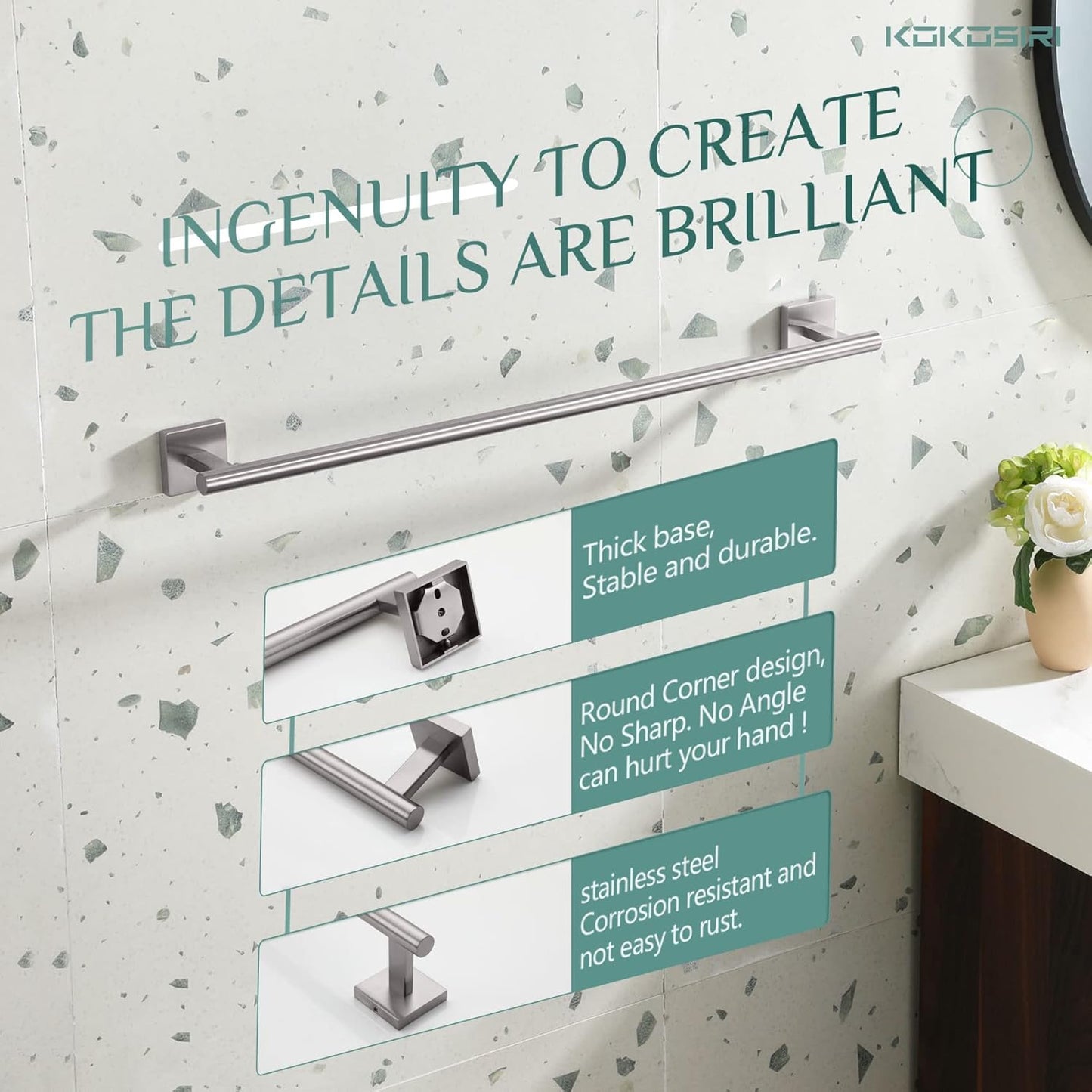 KOKOSIRI Bath Towel Holder Bathroom Accessories Towel Bar for Toilet Kitchen Necklace Holder 20 Inch Brushed Nickel Stainless Steel B4005BR-L20