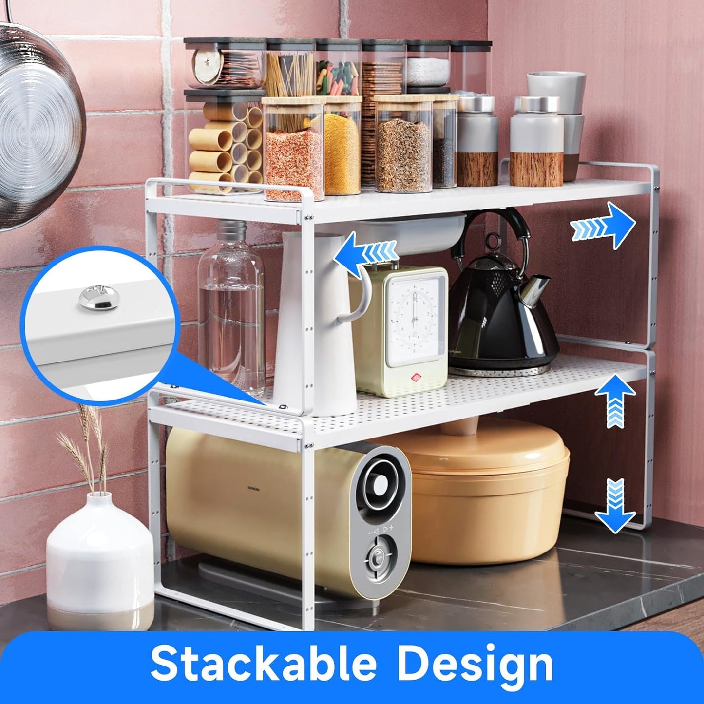 Expandable Kitchen Shelf Organizers, Kitchen Cabinet Organizer Stand Rack Organization for Countertop Cupborad Pantry, White 2 Pack