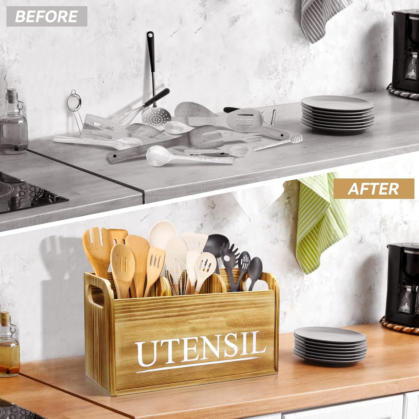 Kitchen Utensil Holder Rustic Large Wooden Utensil Organizer Cooking Tools Storage (Farmhouse Wooden)