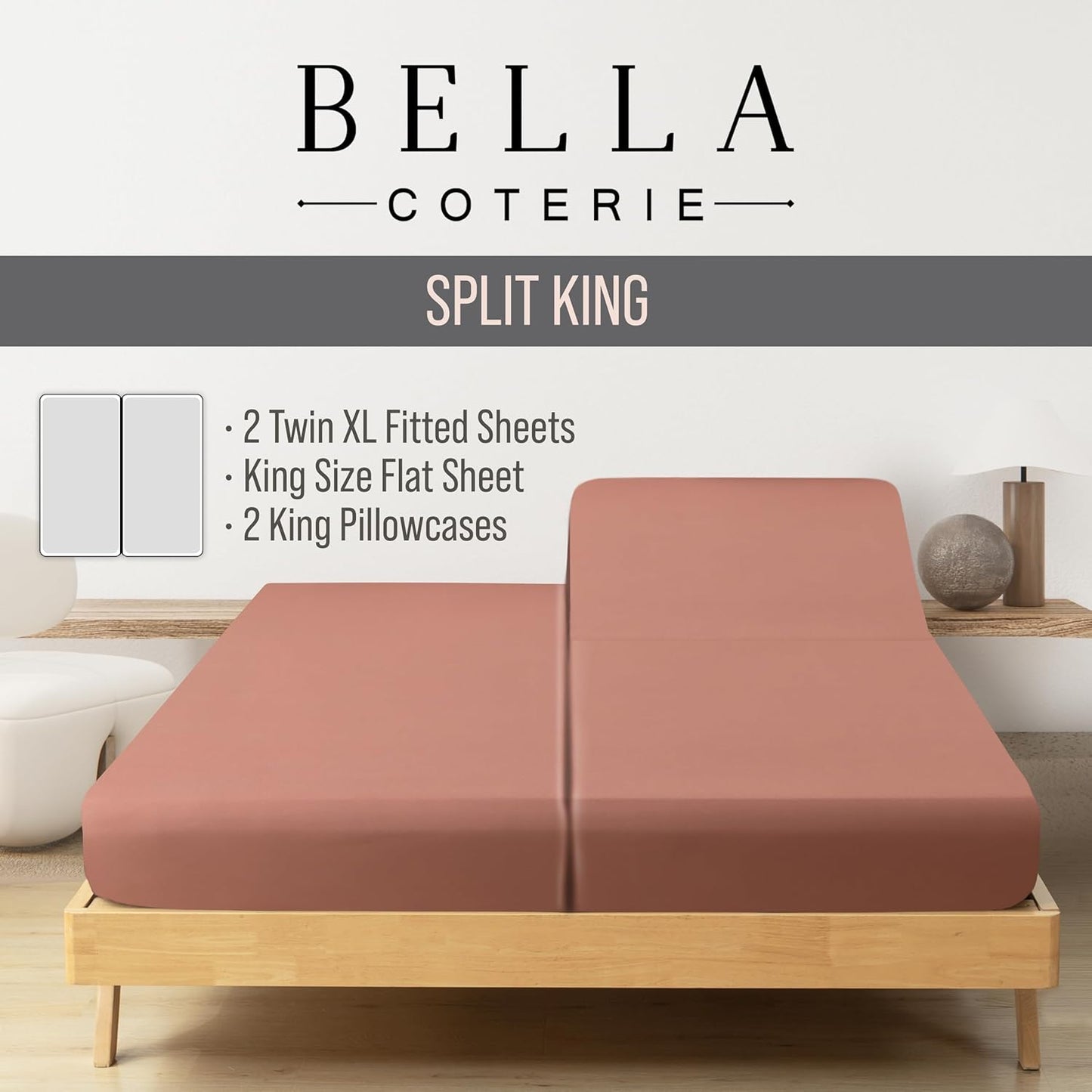 Bella Coterie Luxury Bamboo Viscose Split King Size Sheet Set | 100% Organically Grown | Ultra Soft | Cooling for Hot Sleepers | 18" Deep Pocket [Raisin]