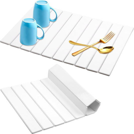 Quick Dry Collapsible Dish Drying Mat, Eco-Friendly Absorbent Diatomaceous Earth Mats for Dishes Bottles Cups 24"×16"Large Stone Dish Drying Mats for Kitchen Counter (White, 24"（L）×16"（W）)