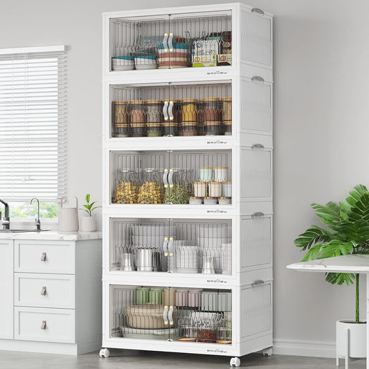 500Qt Stackable Storage Bins with Lid, Extra Large Closet Organizer Collapsible Drawer Boxes with Wheels, Folding Plastic Cabinet Containers for Home Kitchen Room Organization, 5Pack White