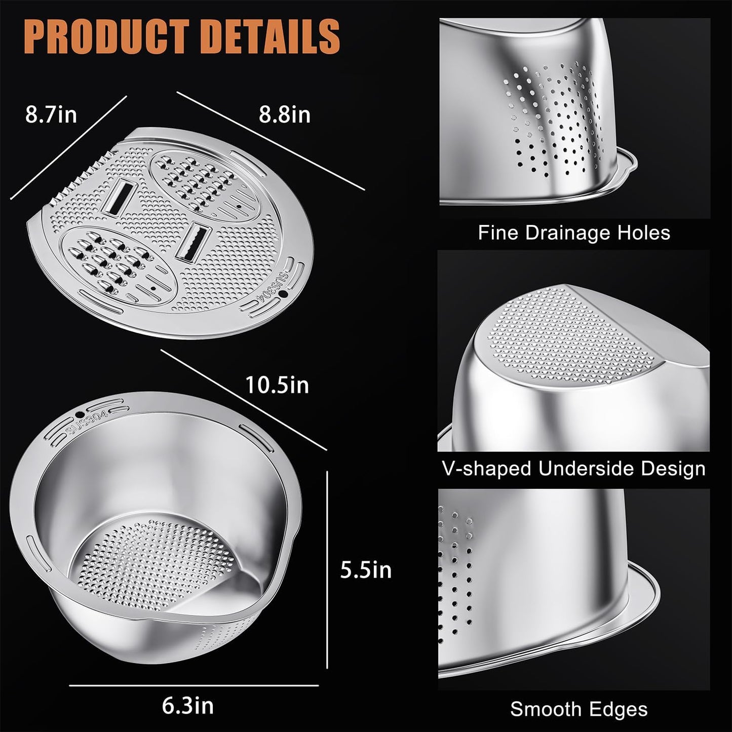 ESOW Colander Set Stainless Steel, Rice Washer Strainer Bowl with Grater, Multipurpose Use for Food Storage, Draining Water, Cutting and Slicing/Shredding, Kitchen Essentials