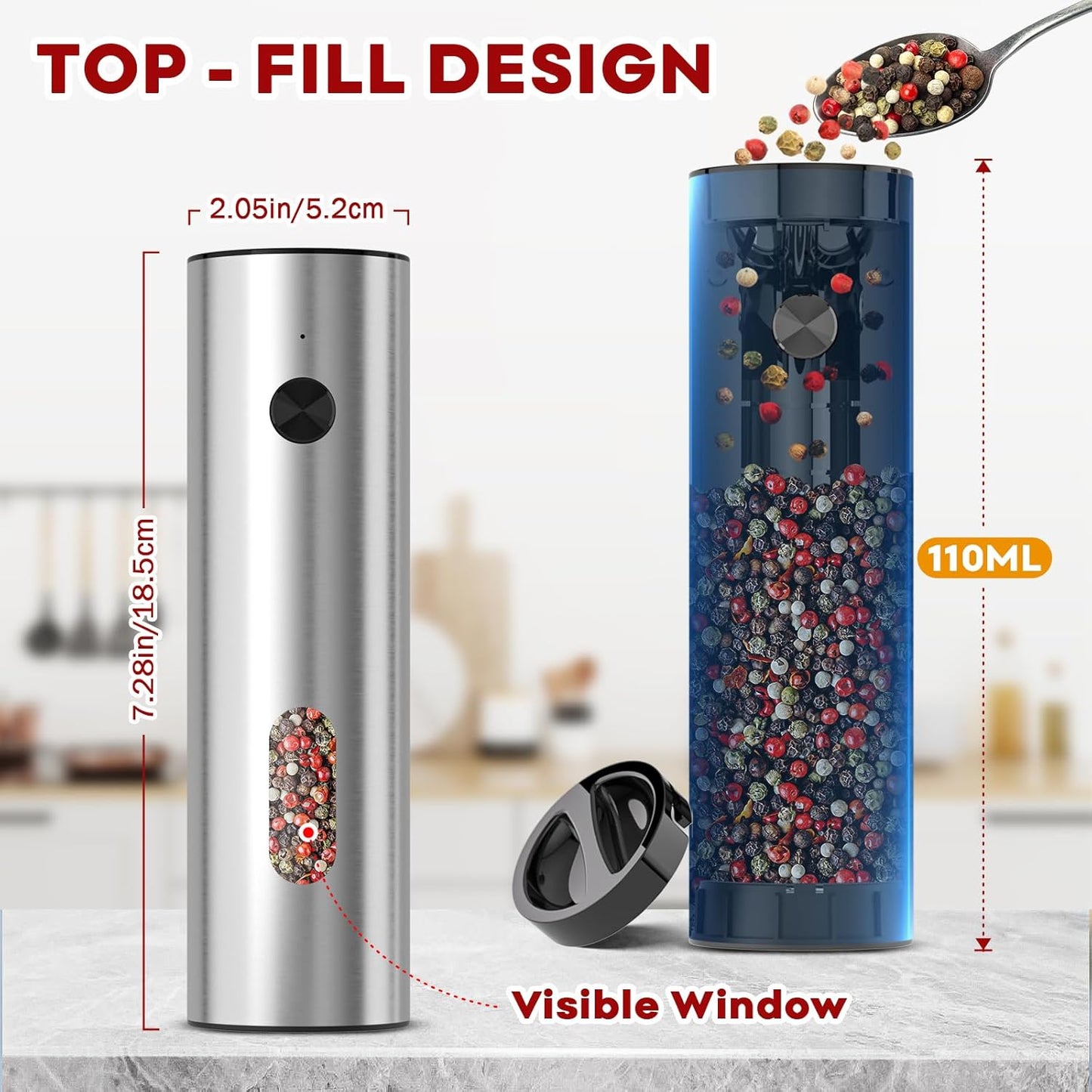 Electric Salt and Pepper Grinder Set: Automatic Rechargeable Salt and Pepper Shakers with USB Charging Base, Adjustable Coarseness, 110ml Large Capacity, Stainless Steel Pepper Grinder for Kitchen