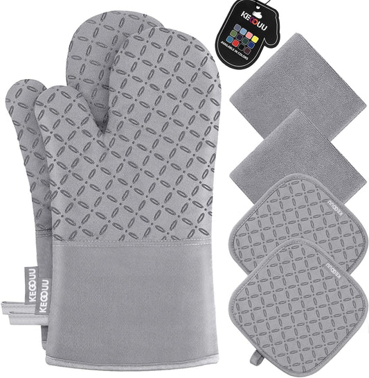 KEGOUU Oven Mitts and Pot Holders 6pcs Set, Kitchen Oven Glove High Heat Resistant 500 Degree Extra Long Oven Mitts and Potholder with Non-Slip Silicone Surface for Cooking (Light Gary)