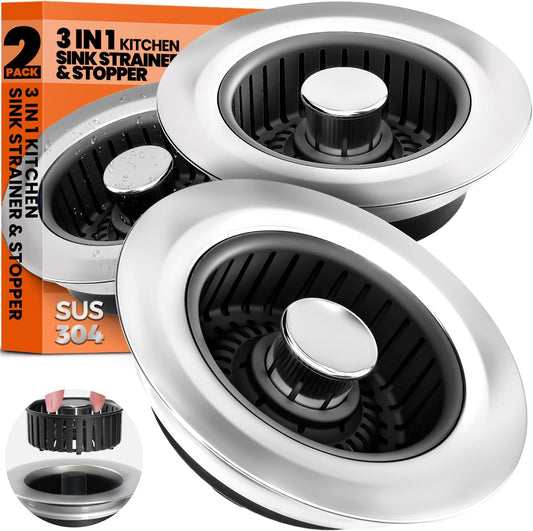 Kitchen Sink Drain Strainer & Sink Stopper, Upgraded Stainless Steel Drain Plug Combo with Anti-Clog Basket, Pop Up Drain Cover for Standard 3-1/2'',Garbage Disposal Parts