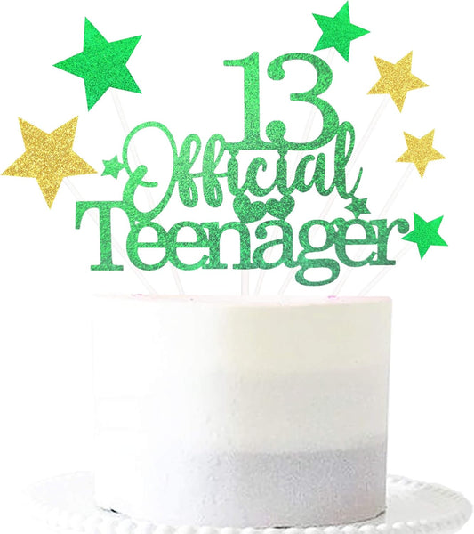 Glittery 13 Ofiicial Teenager Cake Topper with Star,13th Happy Birthday Cake Topper Party Decorations Party Supplies for Boys Girls Green Gold