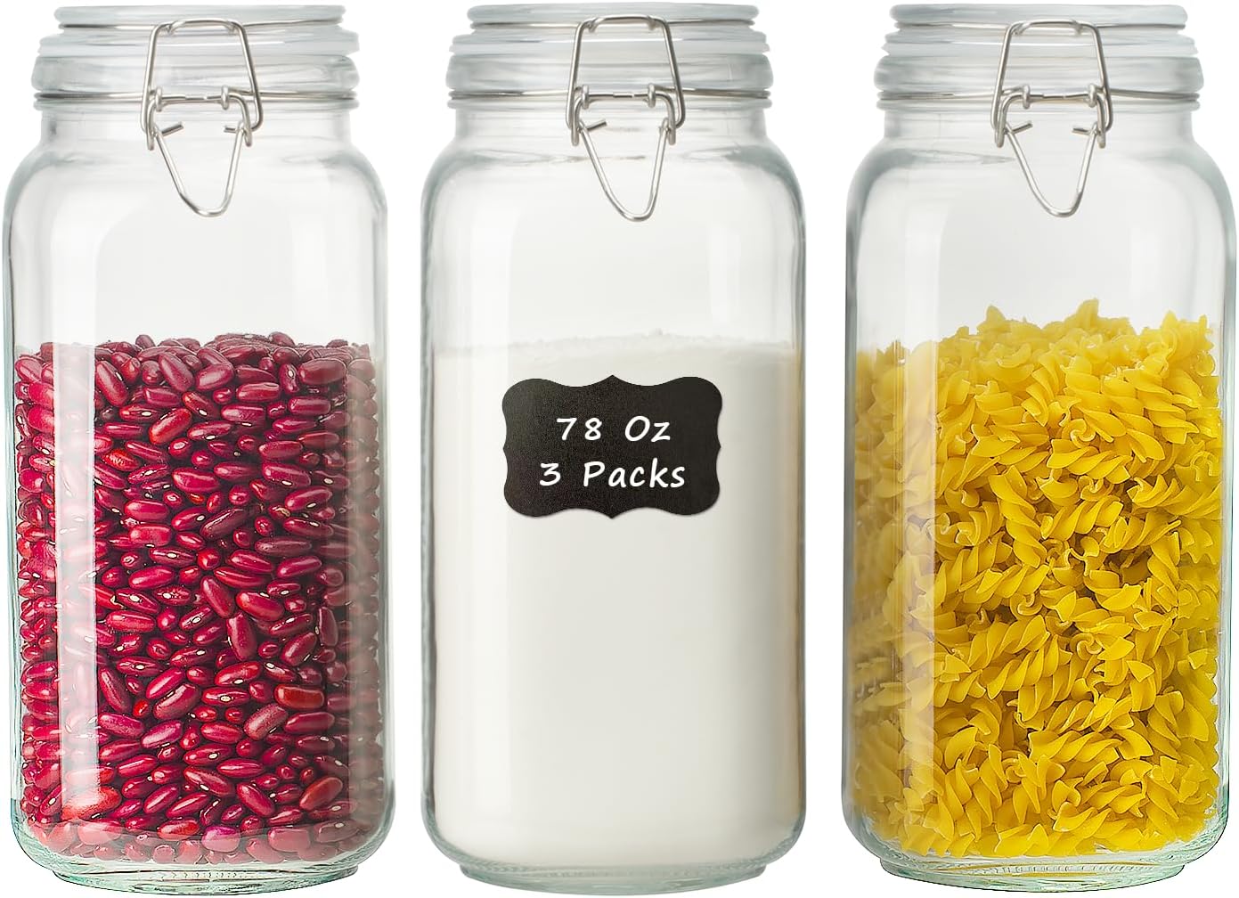 78oz Glass Food Storage Jars with Airtight Clamp Lids, 3 PCS Food Storage Canister for Kitchen & Pantry Organization, Square Mason Jar Containers for Storing Sugar, Flour, Cereal,Coffee,Cookies