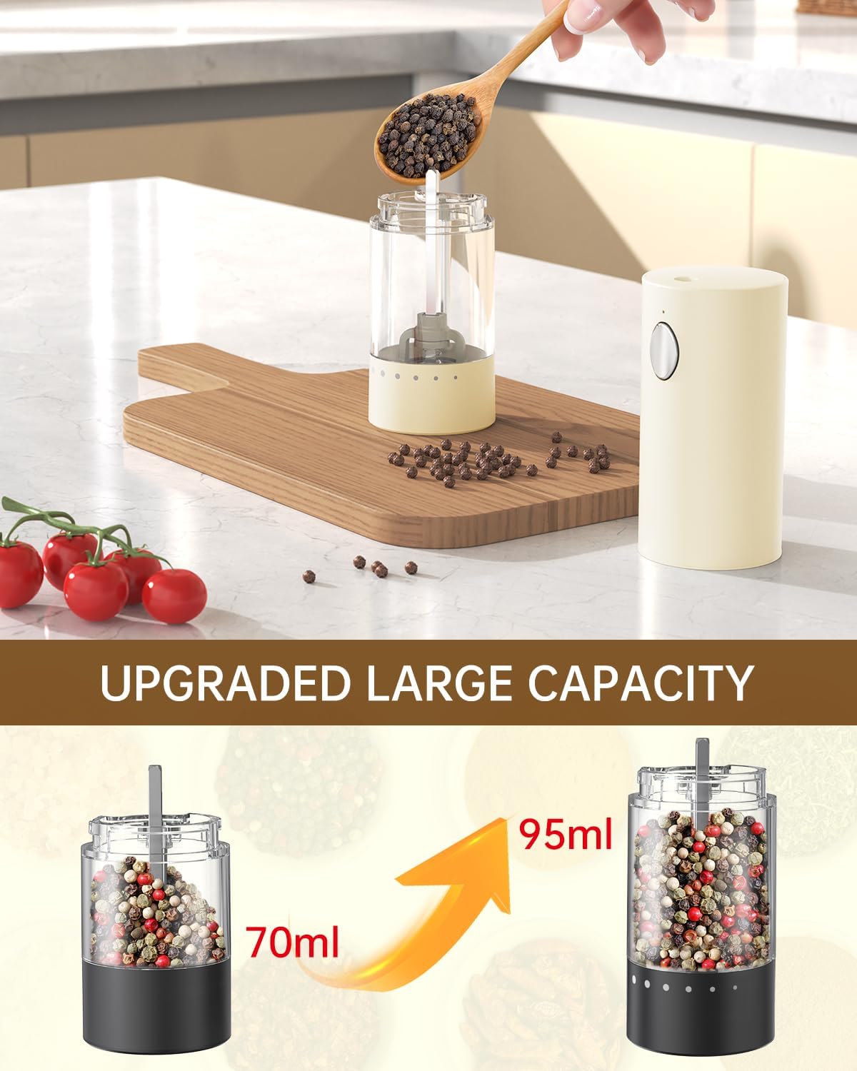 CIRCLE JOY Electric Salt and Pepper Grinder Set Rechargeable Salt and Pepper Mills with Storage Base, Adjustable Coarseness and LED White Light, Washable 95ml Container, Light Yellow