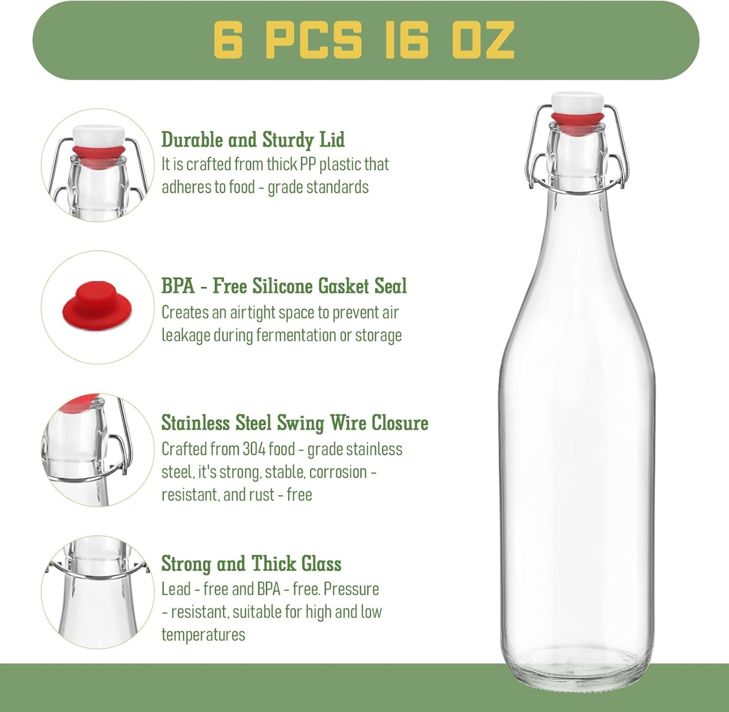 6 Pack [0.48 Liter / 16 fl. oz.] Swing Top Glass Bottles – Airtight Flip Top Brewing Bottles for Kombucha, Beer, Wine, Kefir, Soda, Liquor – Includes Funnel, 2 Pourers, 6 Seals, 8 Labels & Jute Twine
