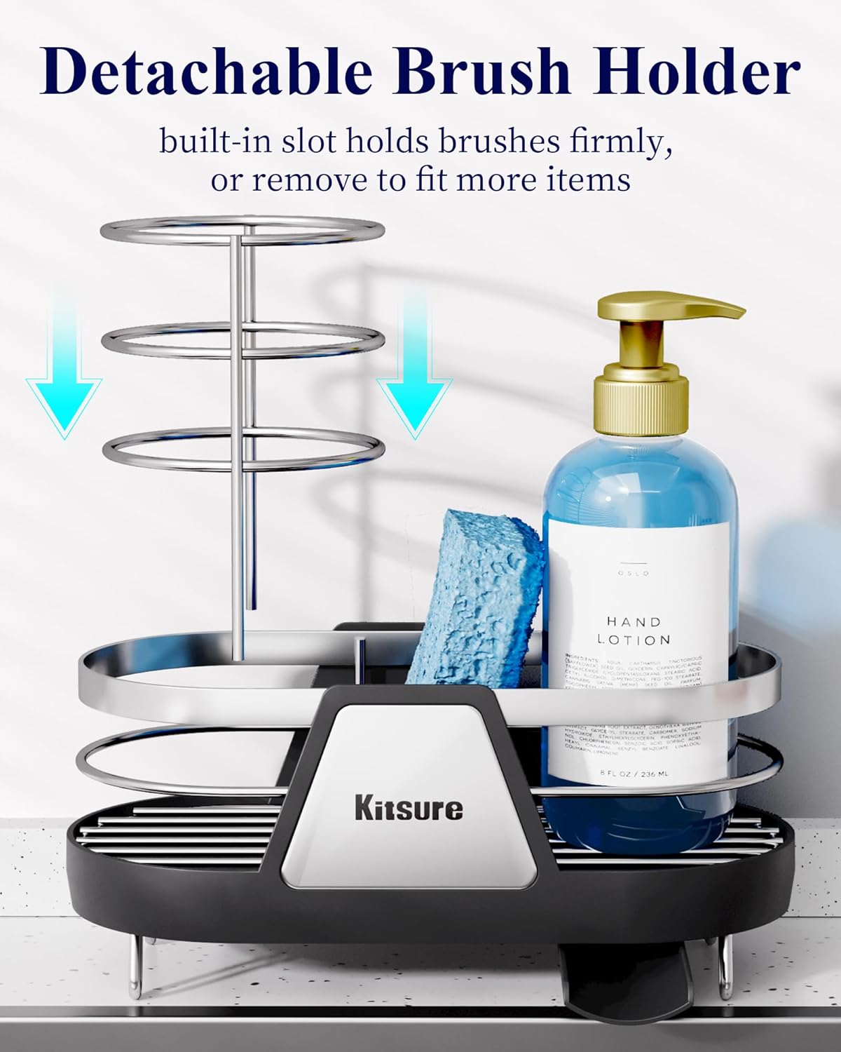 Kitsure Sponge Holder for Kitchen Sink - Space-Saving Kitchen Sink Caddy, Rustproof Metal Organizer with Removable Brush Holder, 7.9"×3.9"×5.3", Black