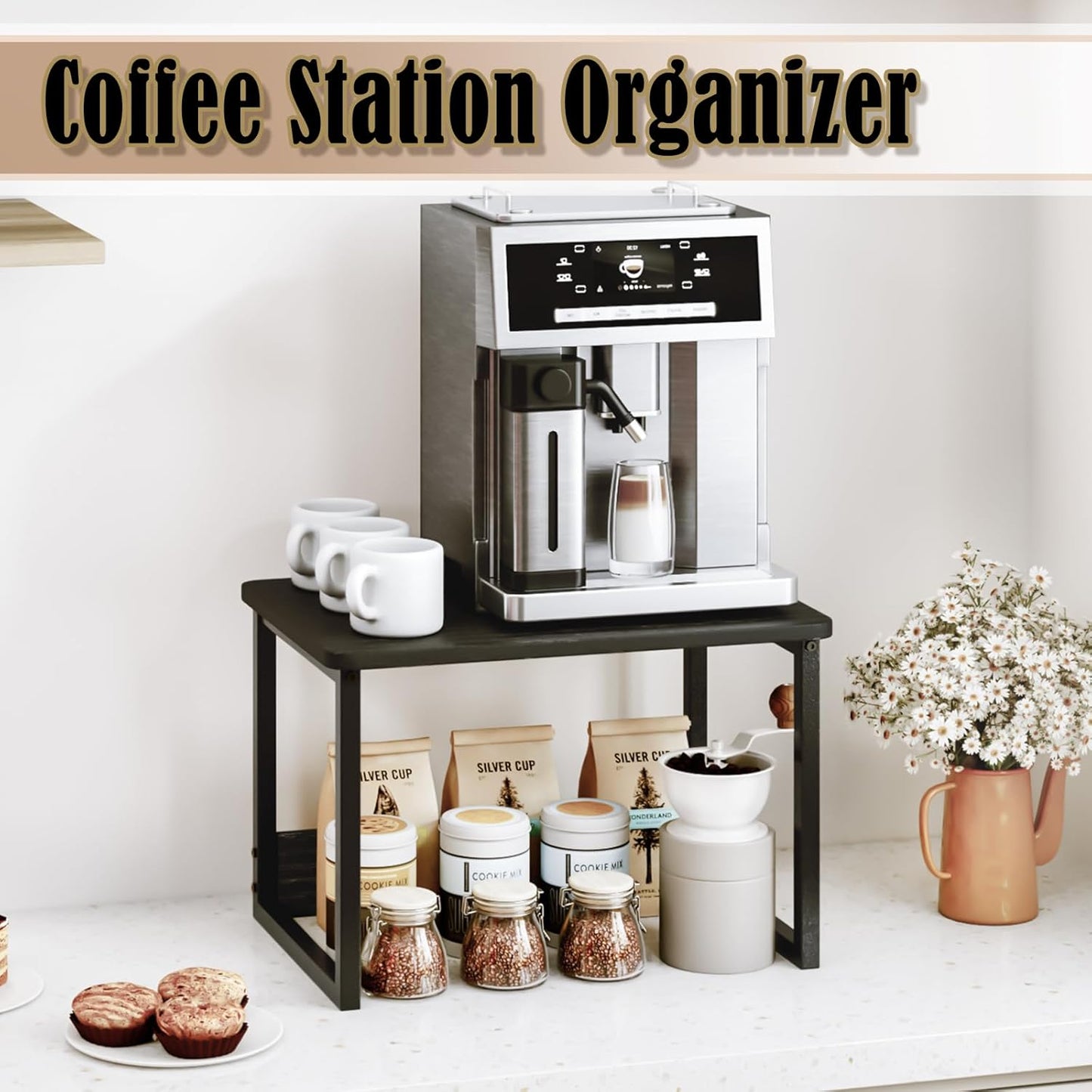 MARTY Kitchen Countertop Organizer Cabinet Shelf, 17x12.4 Large Spice Racks Counter Shelf Microwave Oven Rack Desktop Storage Organization for Kitchen, Office, Metal & Wood, Black