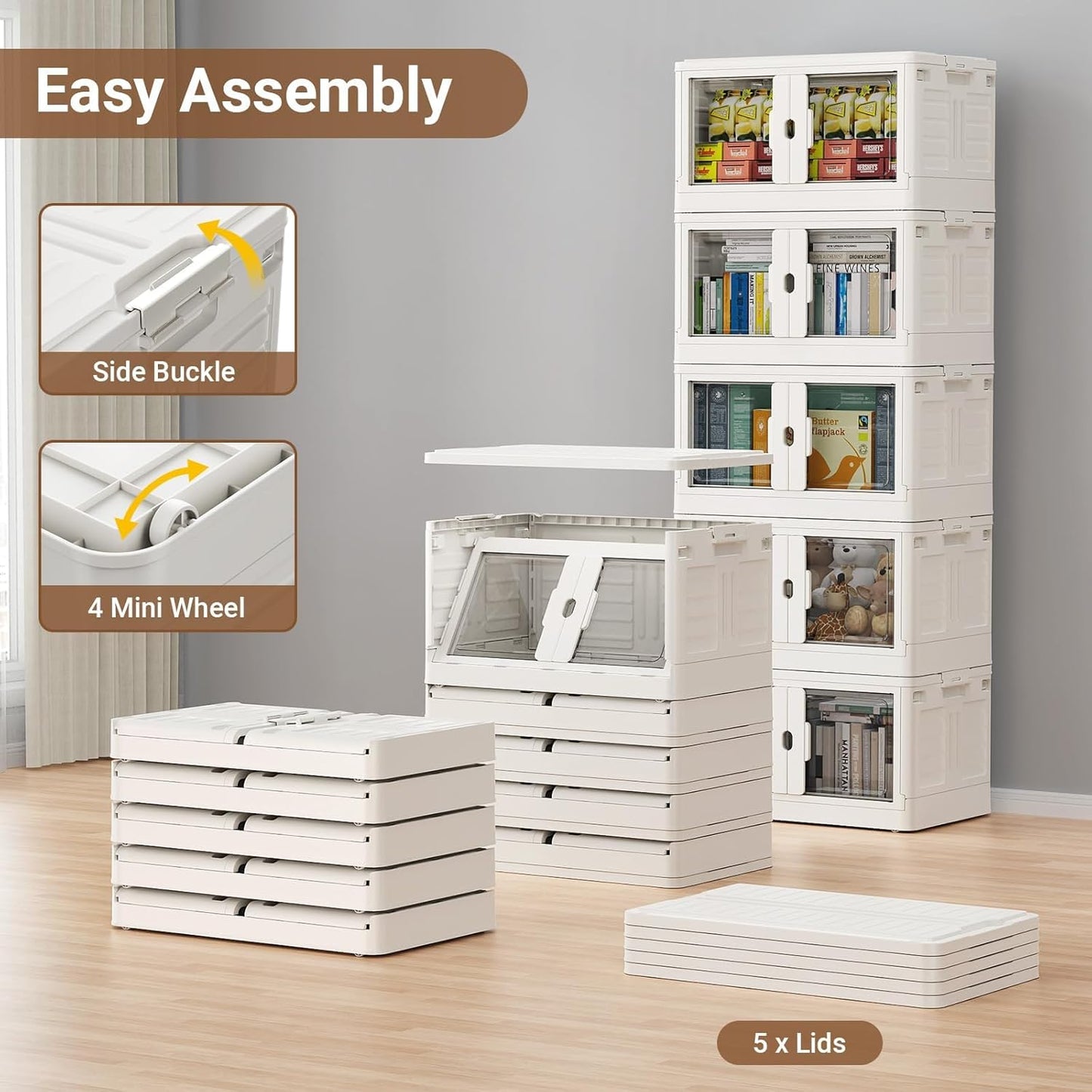 460Qt Stackable Storage Bins with Individual Lids & Wheels, Large Plastic Collapsible Latching Boxes Closet Organizers and Storage Cabinet Shelves Units for Home Kitchen Dorm, 4-Pack White