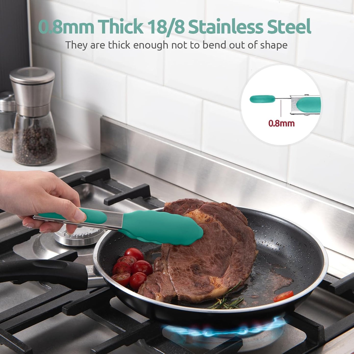 600ºF Heat Resistant Kitchen Tong: U-Taste 7in Silicone Cooking Tong with Firm Sealed Non Stick Rubber Tips & Silicon Coated 18/8 Stainless Steel Handle & Smooth Locking for Serving Salad (Aqua Sky)