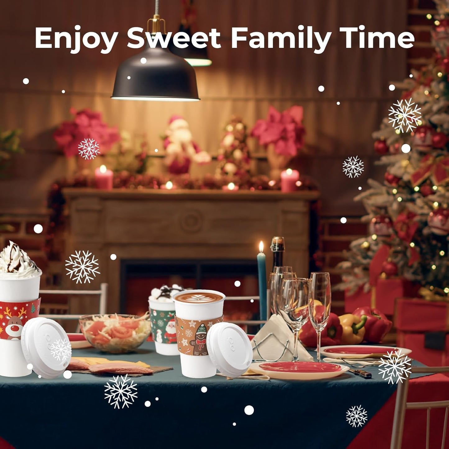 Fit Meal Prep 50 Pack 16 oz Christmas Disposable Coffee Cups with Lids, Sleeves, Leak-Proof To Go Coffee Cups with Lids, Durable Holiday Hot Paper Cups for Home, Office, Party, Business