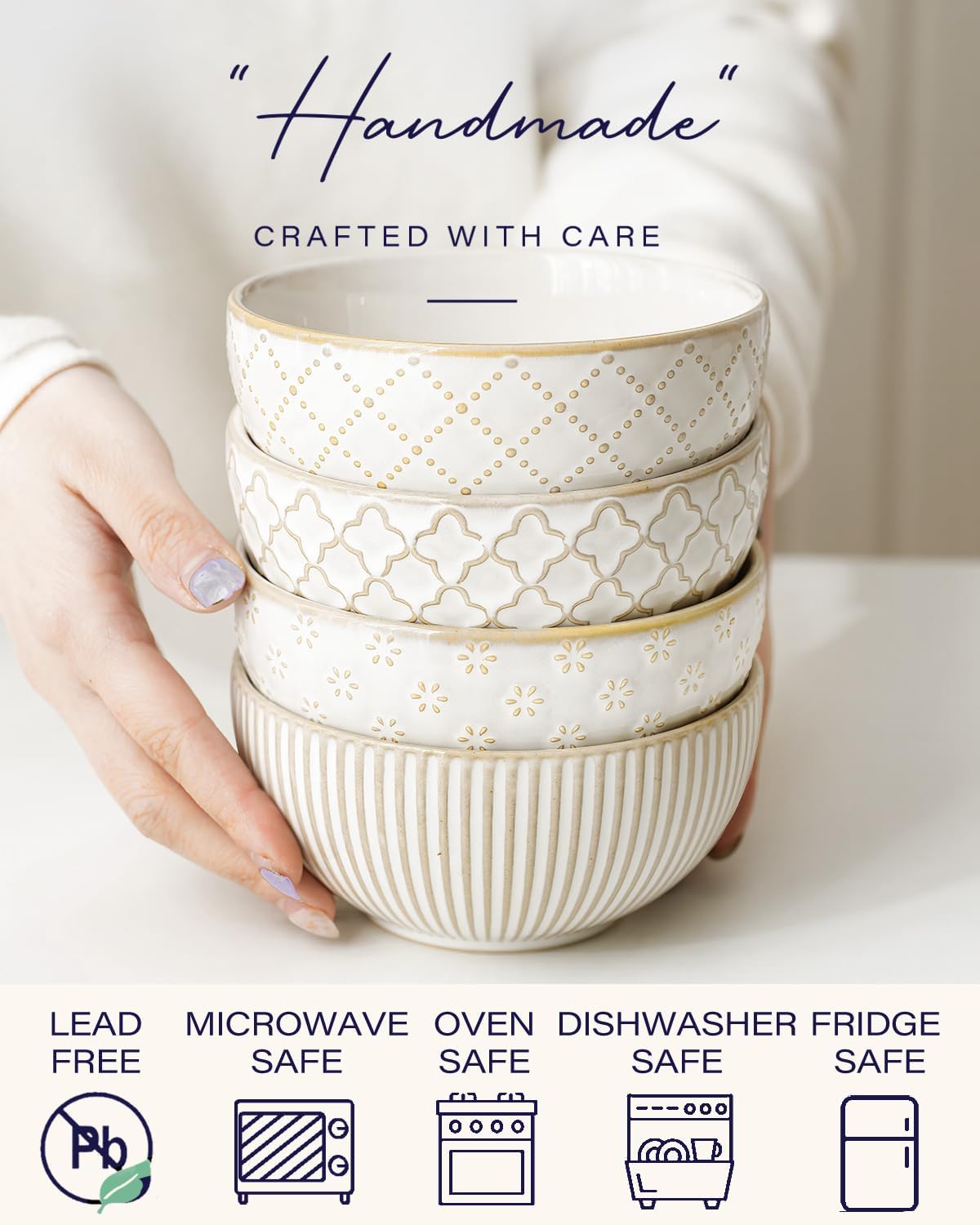 getstar Ceramic Bowl, Small Dessert Bowls Set of 4 with Assorted Embossment (4.5 inch & 10 oz), Farmhouse Vintage Color Bowls for Kitchen