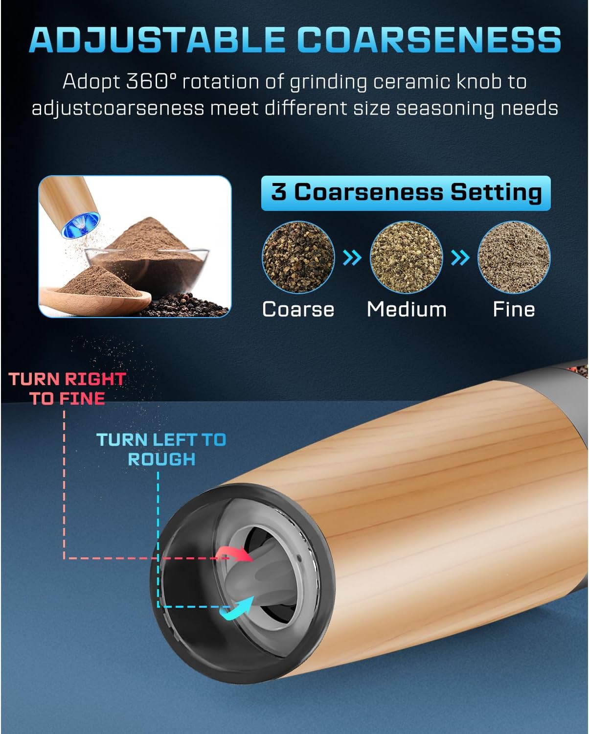 XinXu Gravity Electric Pepper and Salt Grinder Set, Automatic Mill Grinder Shaker,Battery-Operated, Adjustable Coarseness, Stainless Steel, LED Light, One Hand Operated,Wood Grain