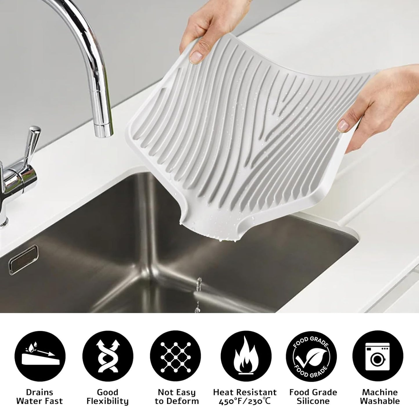 Silicone Dish Drying Mat for Kitchen Counter, Dish Drying Pad, Non-Slip Drain Pad with Built-in Drain, Heat Resistant Stone Drying Mat, 1 set XL(Cream)