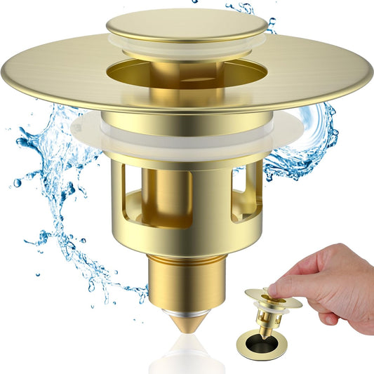 Hibbent All Metal Universal Bathroom Sink Stopper for 1.1''~2.3'' Basin, Pop Up Sink Drain Strainer, Brass Bullet Core Push Type Stopper, Stainless Steel Anti Clogging Drain Filter, Brushed Gold